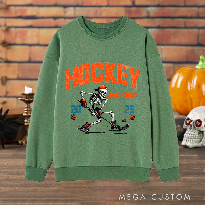 Personalized Halloween Hockey Sweatshirt with Skeleton Player, Custom Name, and Year Design