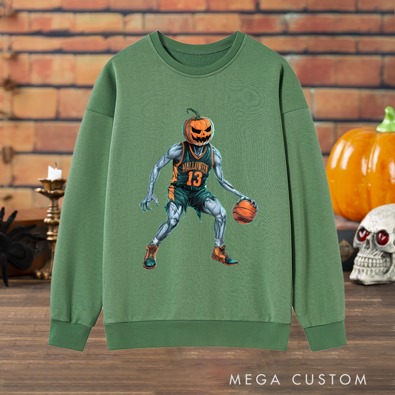 Personalized Halloween Basketball Sweatshirt with Pumpkin Head Player and Custom Number Design