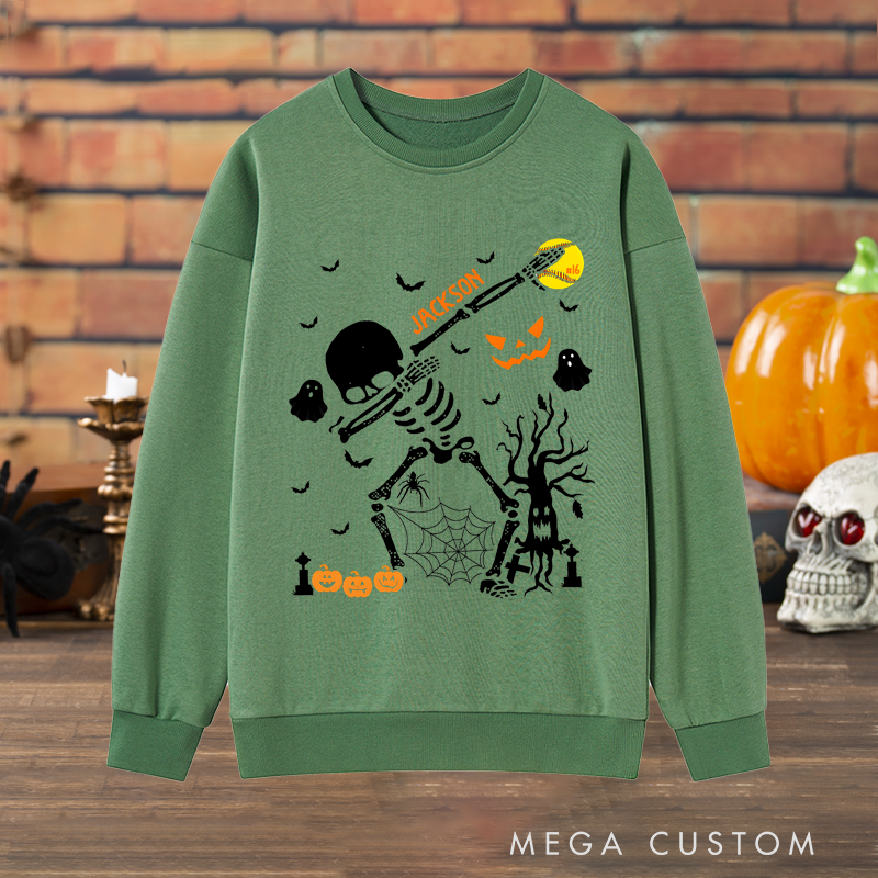 Personalized Halloween Lacrosse Sweatshirt with Skeleton Player, Custom Name, and Number Design