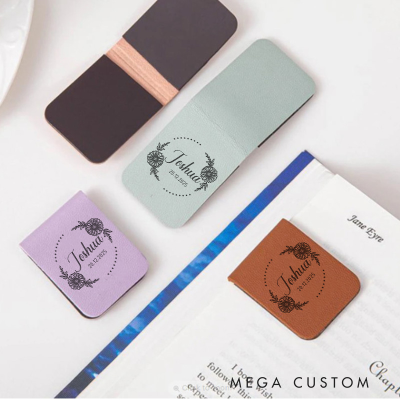 Personalized Flower Wreath Magnetic Bookmark Clip Engraved Leather Bookmark with Name Book Lover Bookmark Librarian Gift Reading Lover Gift Bookish Gift 