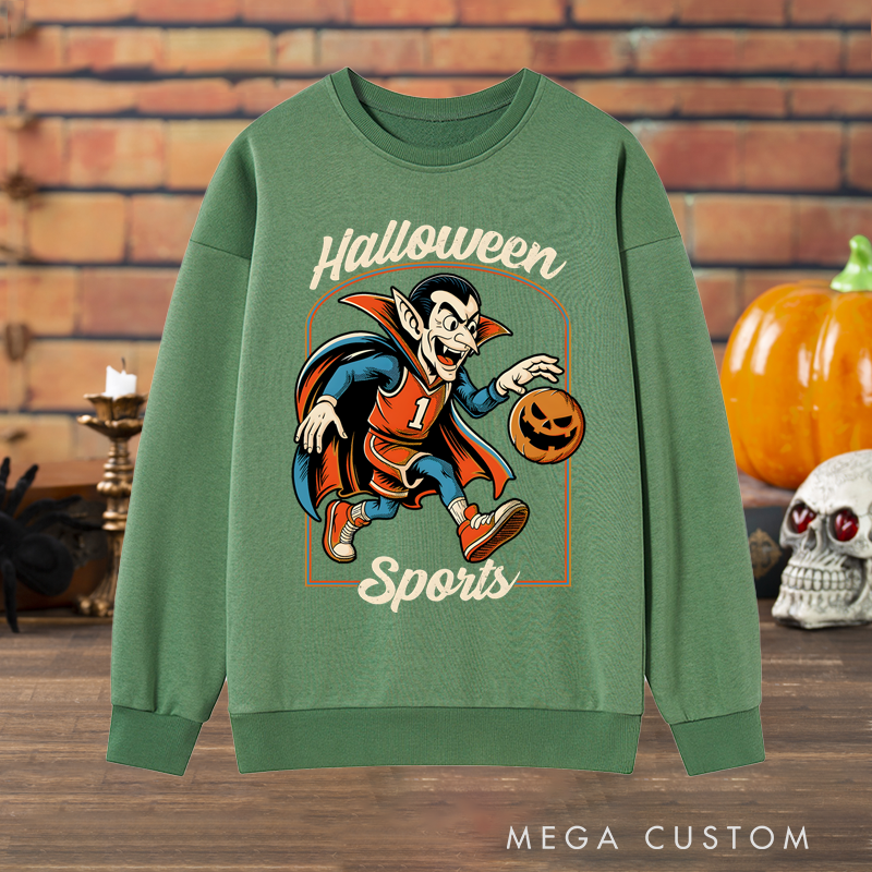 Personalized Halloween Sports Basketball Sweatshirt with Vampire Player, Pumpkin Ball, and Custom Number Design