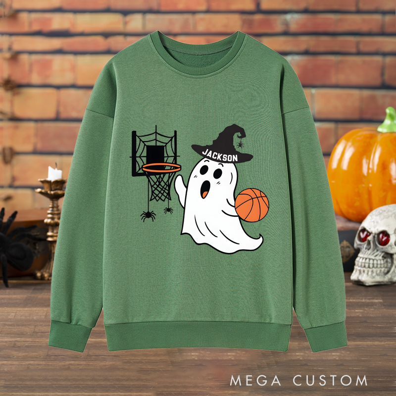 Personalized Halloween Ghost Basketball Sweatshirt with Custom Name and Spooky Hoop Design