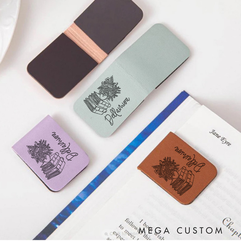 Personalized Book and Vase Flower Magnetic Bookmark Leather Bookmark Clip with Name Librarian Bookmark Book Lover Gift for Reader 