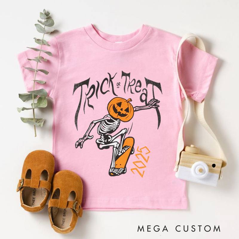 Personalized Trick or Treat Skeleton Pumpkin Halloween Kids T-Shirt