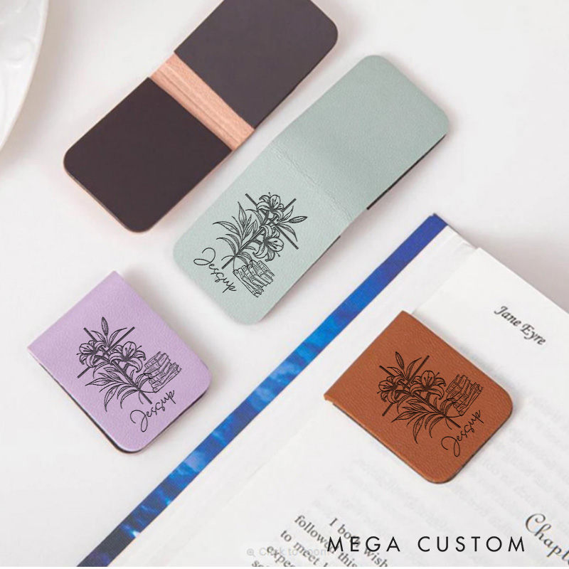 Personalized Book and Flower Cross Magnetic Bookmark  with Name Engraved Leather Bookmark Clip Book Lover Gift for Librarian Gift