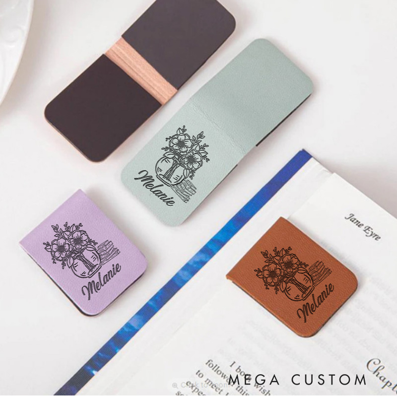 Personalized Vase and Book Magnetic Bookmark with Name Leather Bookmark Clip for Her Book Lover Gift for Bookish Gift