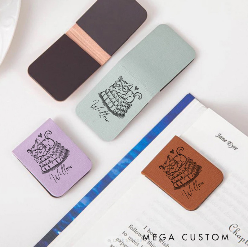 Personalized Book and Cute Cat Magnetic Bookmark Engraved Leather Bookmark Clip with Name Women Bookmark Book Lover Gift for Librarian Gift