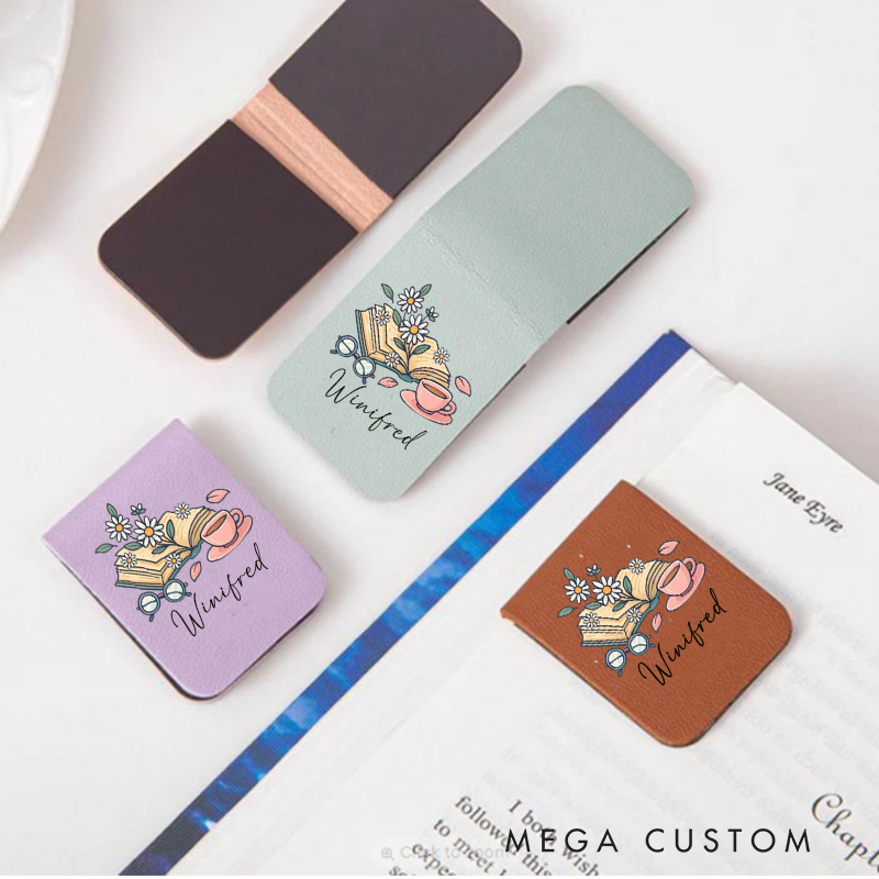 Personalized Book Flower and Coffee Magnetic Bookmark Engraved Leather Name Bookmark Clip Women Bookmark Book Lover Gift for Reading Gift