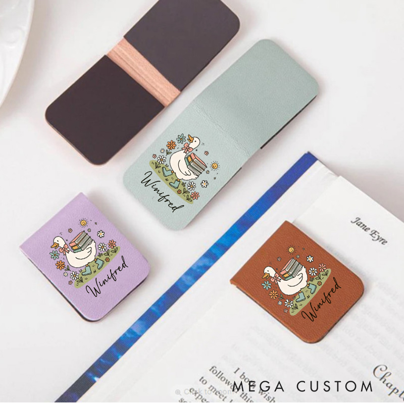 Personalized Duck Book and Flower Magnetic Bookmark Engraved Leather Bookmark Clip with Name Women Bookmark Book Lover Gift for Reading Gift