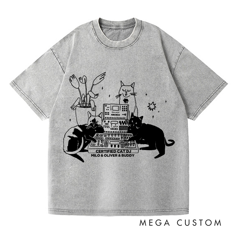 Personalized  Washed T-Shirts with Cat Sitting on Synthesizer and DJ Cat Illustration and Available in Multiple Colors