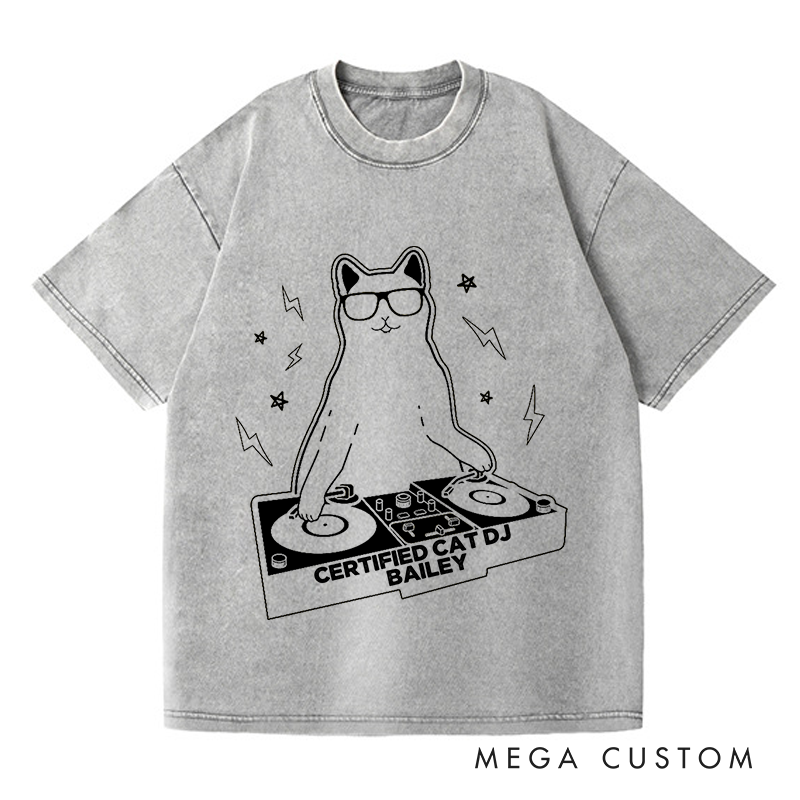Personalized  Washed T-Shirts Funny Cat DJ Turntable T-Shirt