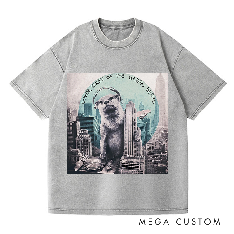 Personalized  Washed T-Shirts Funny Otter DJ Skyline Design and Unique Otter DJ Music Lover T-Shirt