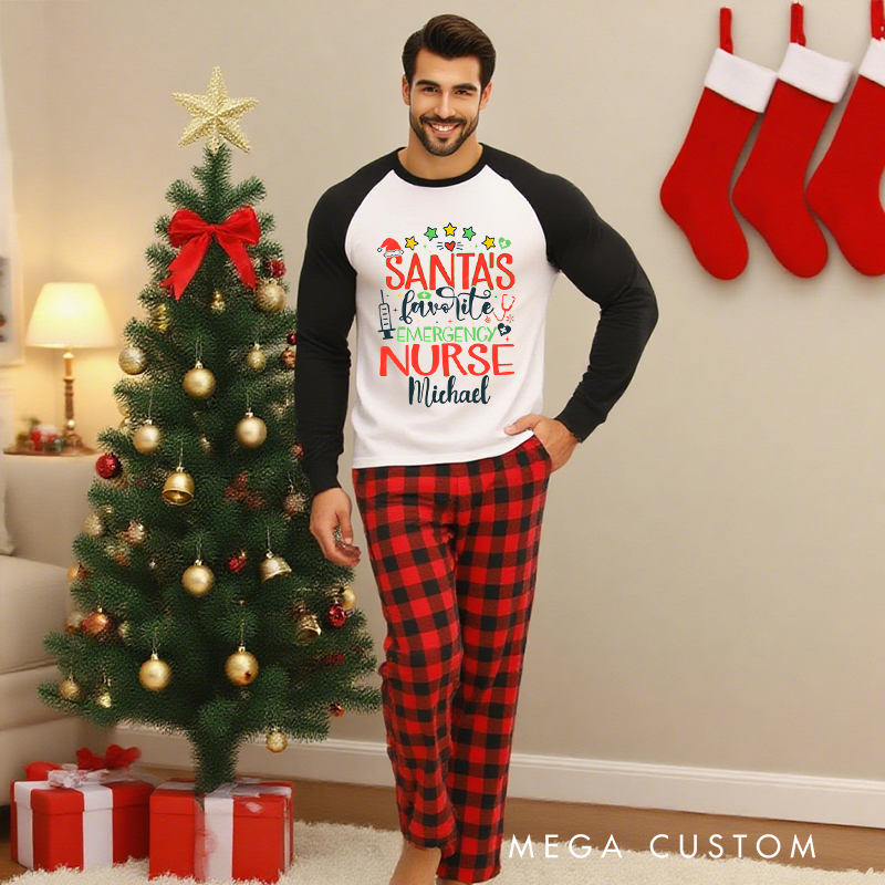 Personalized Nurse Christmas Pajama Sets Custom Santa's Favorite Emergence Nurse Design Pajamas Xmas Gift