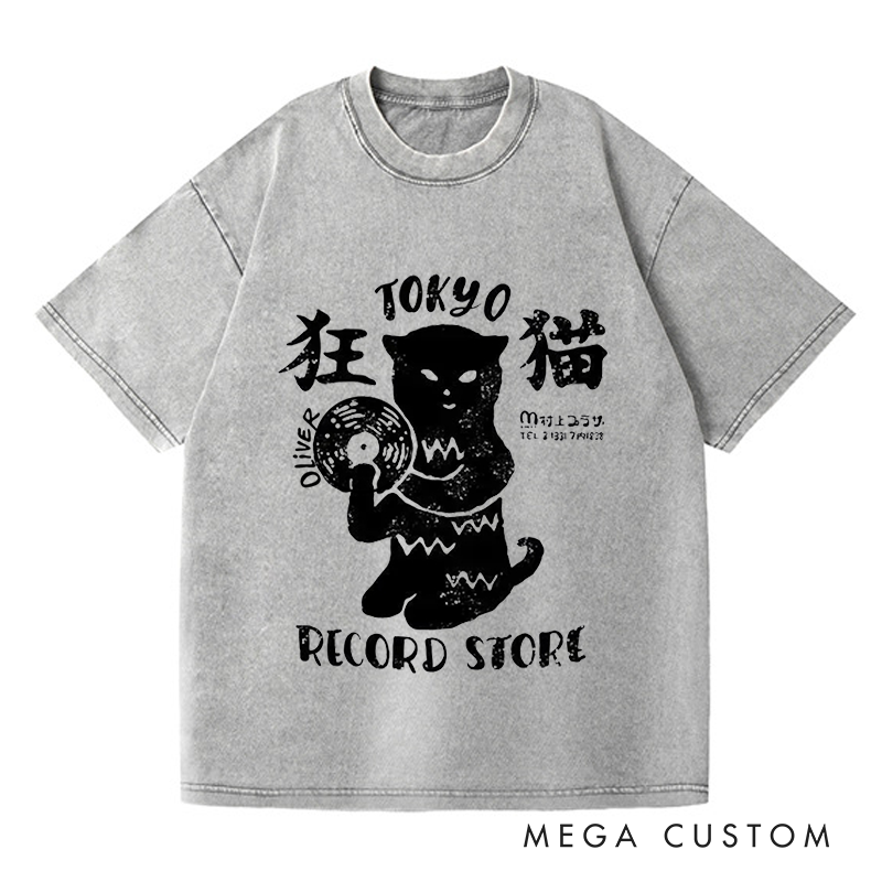 Personalized Washed T-Shirts Tokyo Record Store T-Shirt Vinyl Record Player Cool Vintage Rock Tee DJ Graphic Melting Band Music Tee
