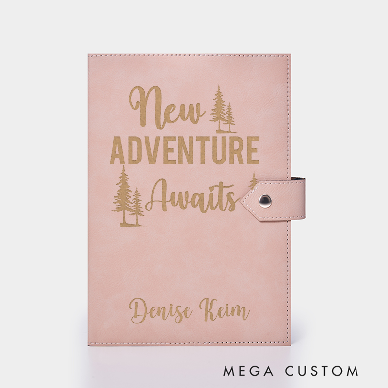 Personalized New Adventure Awaits Leather Notebook for Traveling Lovers Leather Journal Travel Gift