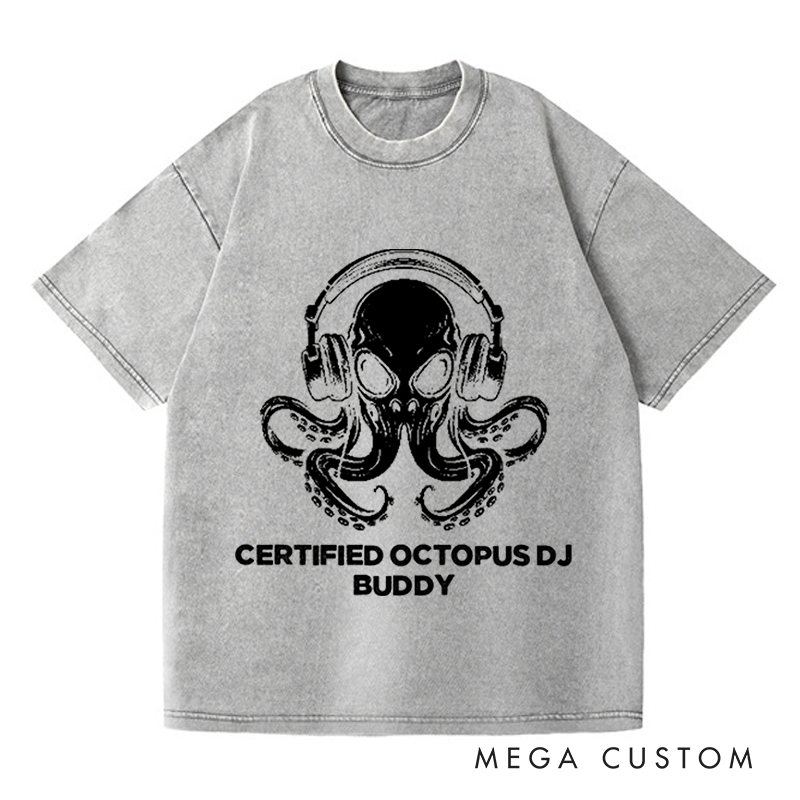 Personalized Washed T-Shirts Unique Octopus DJ Music Lover and Cool Octopus DJ Headphones Art T-Shirt