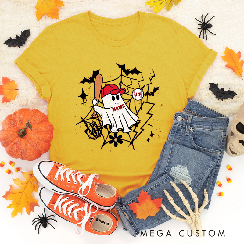 Personalized Halloween Ghost Baseball T-Shirt with Custom Name and Number 