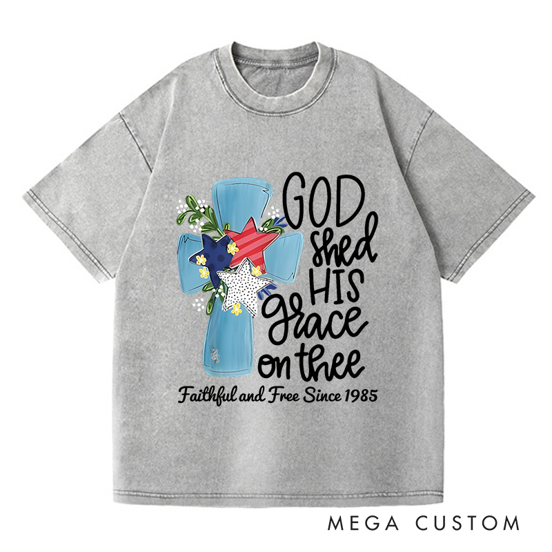 Personalized Washed T-Shirts God Shed His Grace on Thee Patriotic Cross T-Shirt