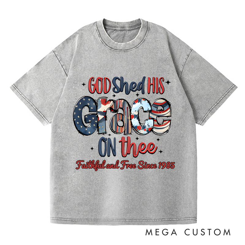 Personalized Washed T-Shirts God Shed His Grace on Thee and Red White and Blue American Flag T-Shirt