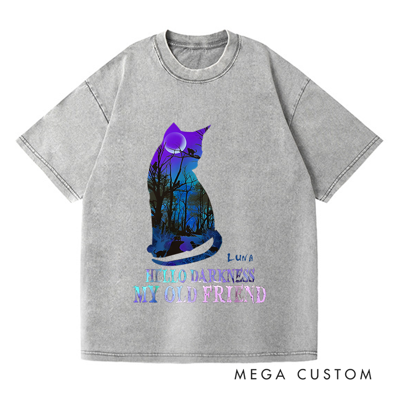 Personalized Washed T-Shirts Hello Darkness My Old Friend and Halloween Mystical Cat and Moonlit Forest Graphic T-Shirt