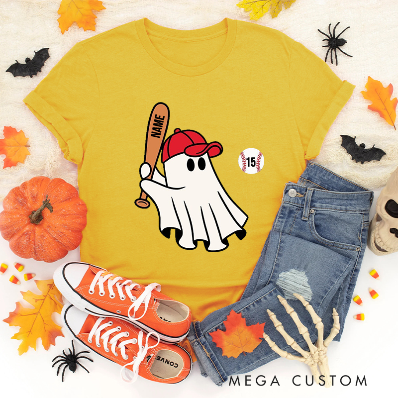 Personalized Halloween T-Shirt with Ghost Holding Bat Custom Text 