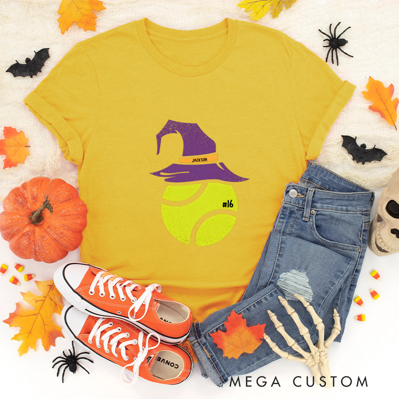 Personalized Halloween Tennis T-Shirt with Witch Hat, Custom Name, and Number