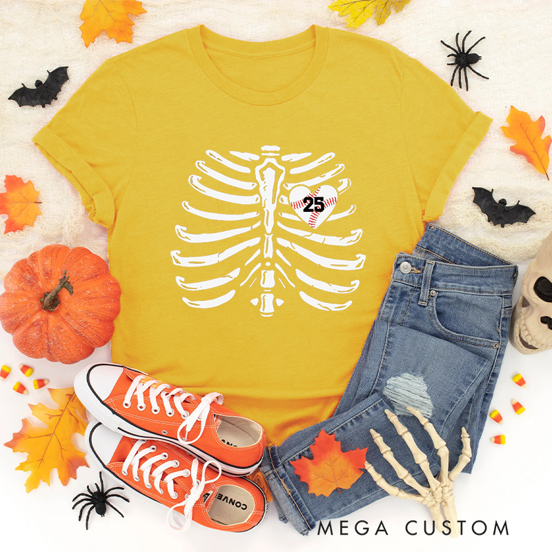 Personalized Custom Skeleton Ribcage T-Shirt with Custom Number and Heart Design  