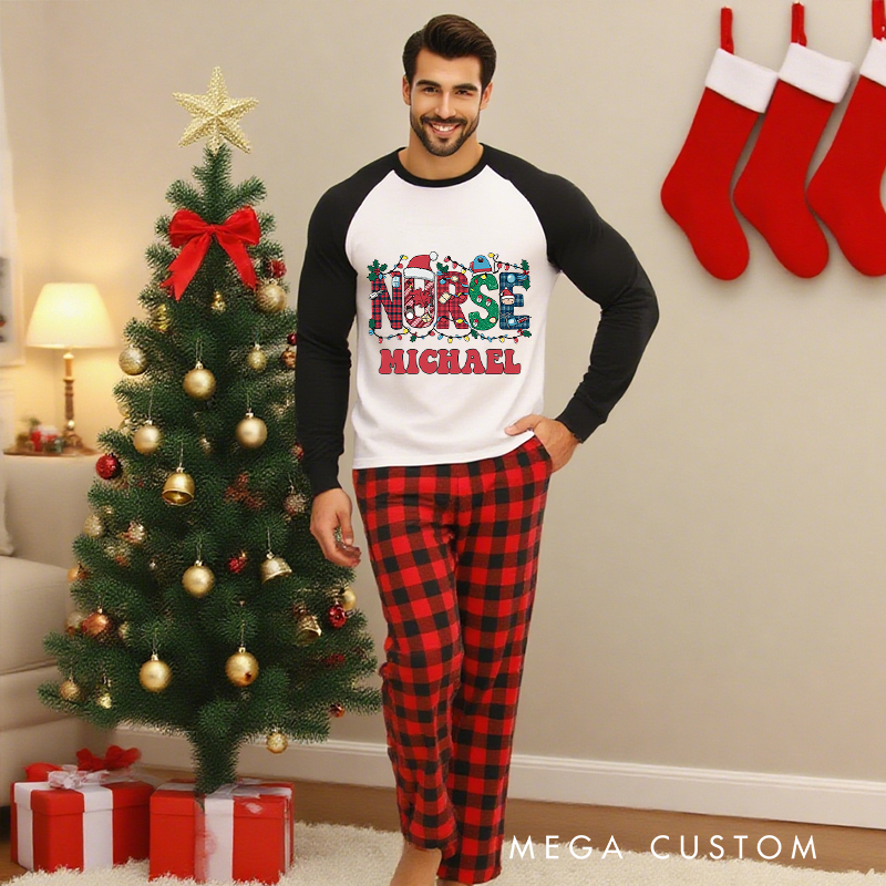 Personalized Nurse Christmas Pajama Sets Custom Nurse Christmas Lights Design Pajamas Xmas Gift