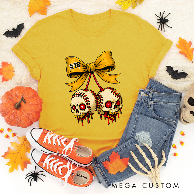 Personalized Halloween Themed Shirt with Skull Baseballs and Custom Number
