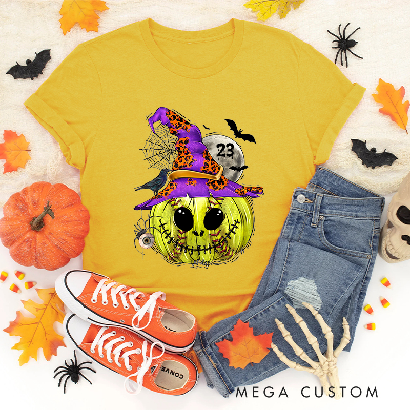 Personalized Enchanted Softball Pumpkin Witch T-Shirt with Custom Number