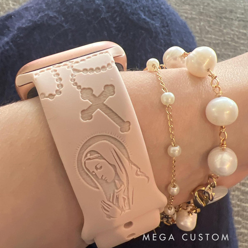 Personalized Virgin Mary with Cross Silicone Watch Band with Name for Apple Watch Religious Christian Gift for Her Mother’s Day Gift