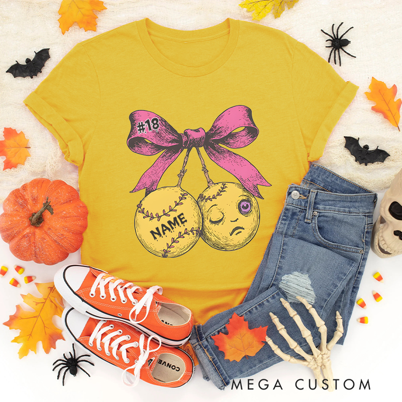 Personalized Halloween Baseball T-Shirt with Custom Name and Pink Bow Design  