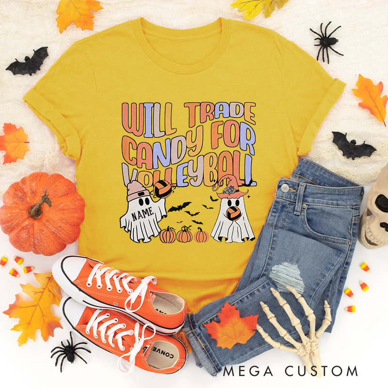  Personalized "Will Trade Candy for Volleyball" Shirt with Customizable Details 