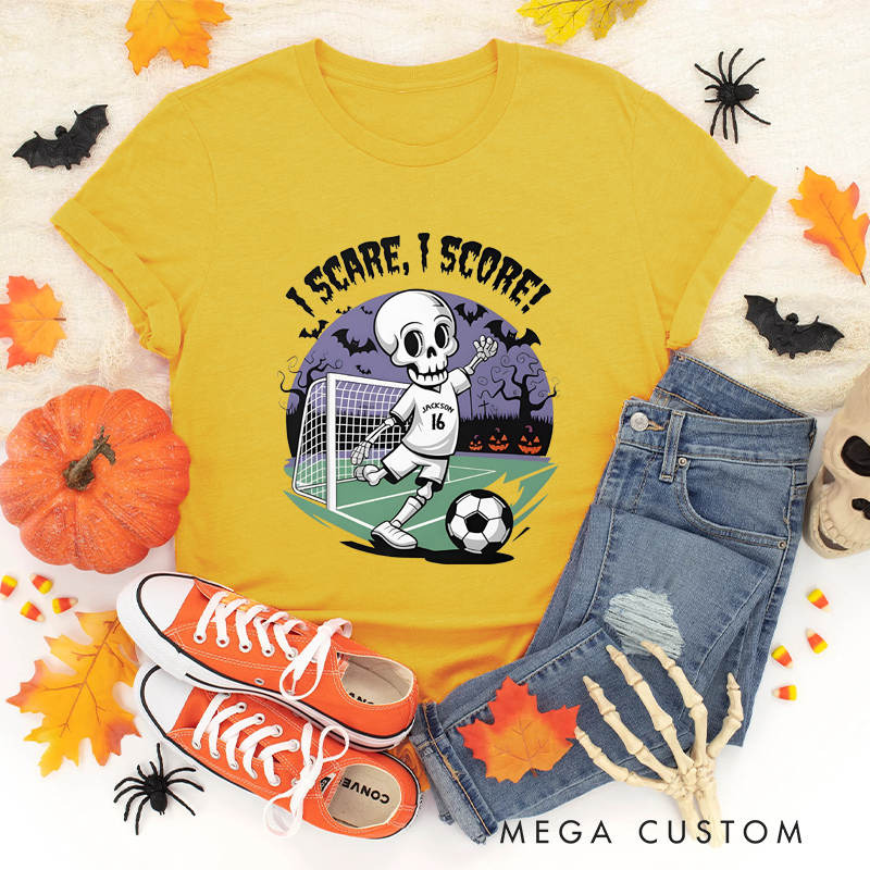 Personalized Halloween Soccer T-Shirt with Skeleton Design, Custom Name, and Number