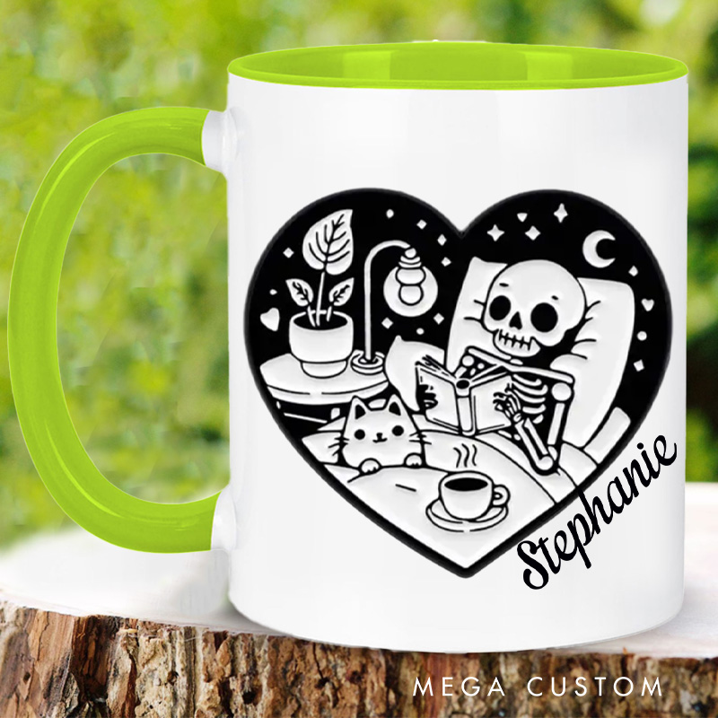 Personalized Skeleton Reading Book Mugs Custom Heart Shape Around Skeleton and Cat with Name Book Lover Gift Librarian Gift Halloween Gift