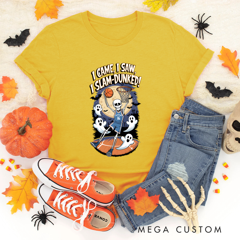 Personalized Halloween Basketball T-Shirt with Skeleton Design, Custom Name, and Number