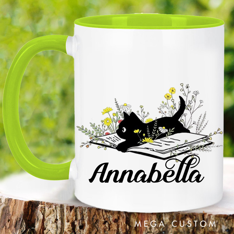 Personalized Black Cat and Book Mugs Custom Flower Book Coffee Mug with Name Librarian Mug Book Lover Gift Bookish Gift Librarian Gift