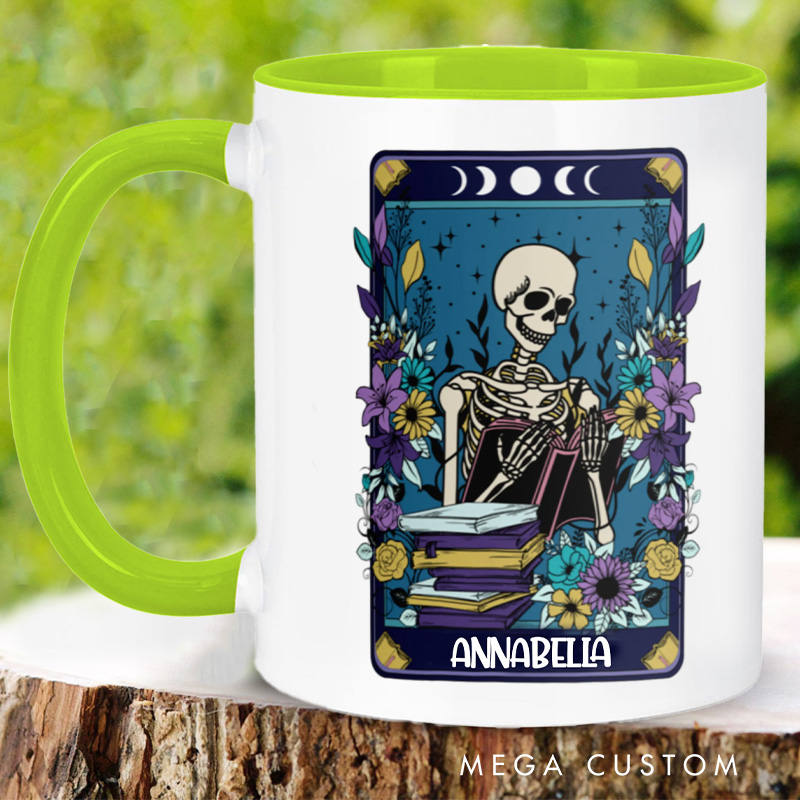 Personalized Skeleton Tarot Card Mugs Custom Skeleton Reader Coffee Mug with Name Halloween Librarian Mug Book Lover Gift for Bookish Halloween Gift