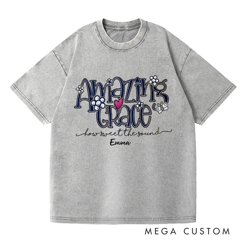 Personalized Washed T-Shirts Amazing Grace How Sweet the Sound Floral Design T-Shirt