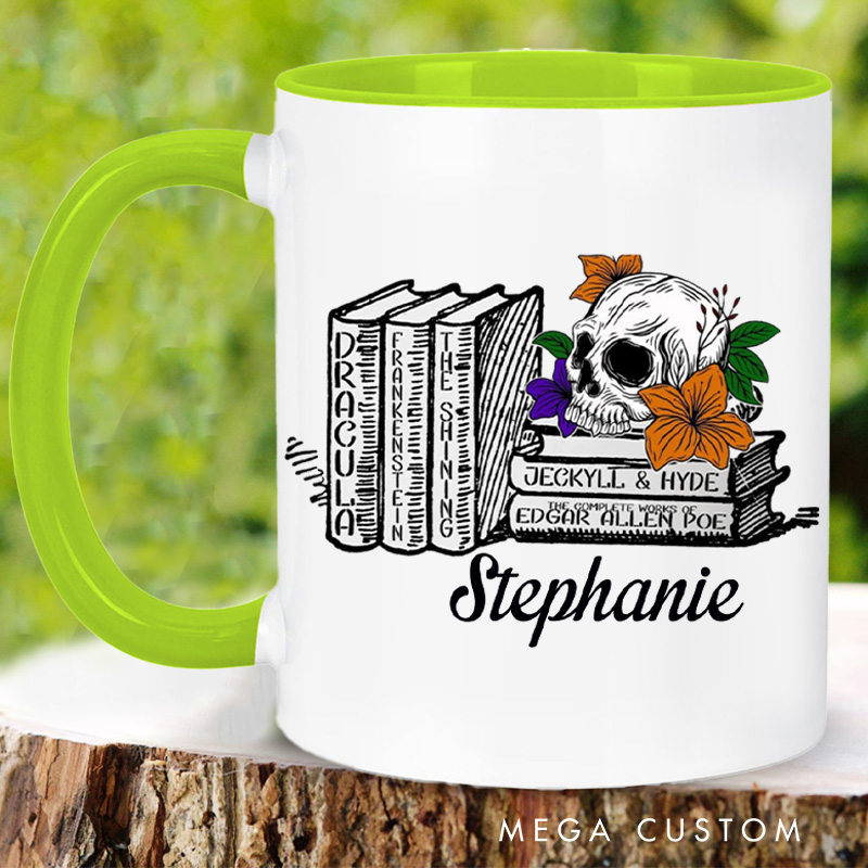 Personalized Spooky Book Mugs Custom Floral Skull Coffee Mug with Name Halloween Librarian Mug Book Lover Gift for Bookish Halloween Gift