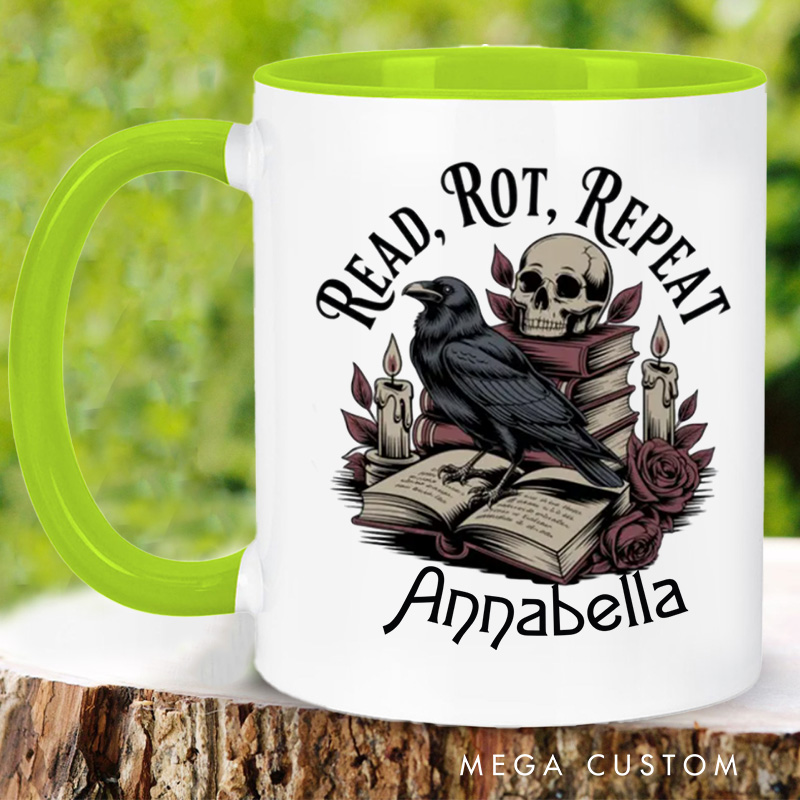 Personalized Read Rot Repeat Mugs Gothic Raven Skull Coffee Mug with Name Halloween Coffee Cup Book Lover Gift for Bookish Gift