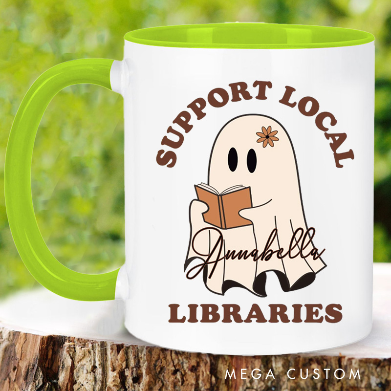 Personalized Support Local Libraries Mugs Custom Ghost Reading Coffee Mug with Name Librarian Mug Book Lover Gift for Bookish Gift