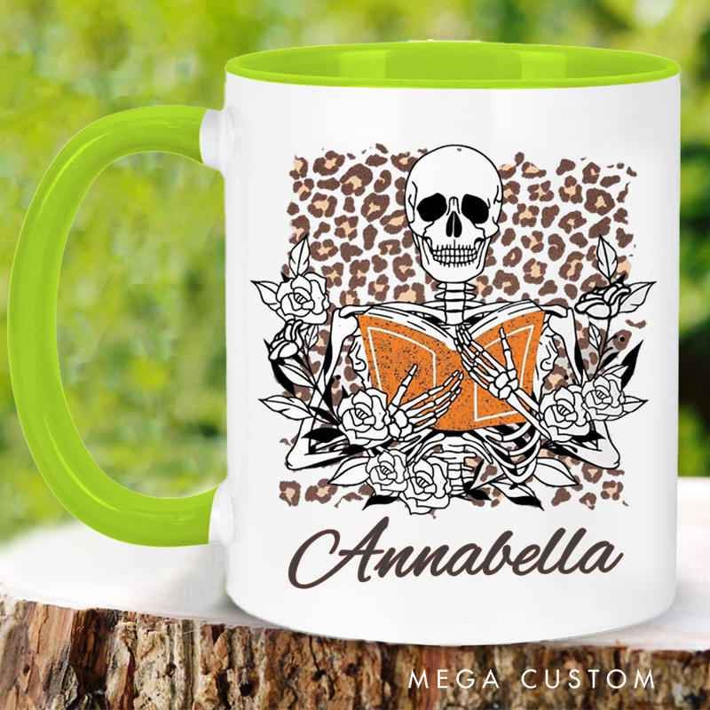 Personalized Skeleton Reading Mugs Custom Flower Skeleton Coffee Mug with Name Leopard Print Mug Book Lover Gift for Bookish Gift