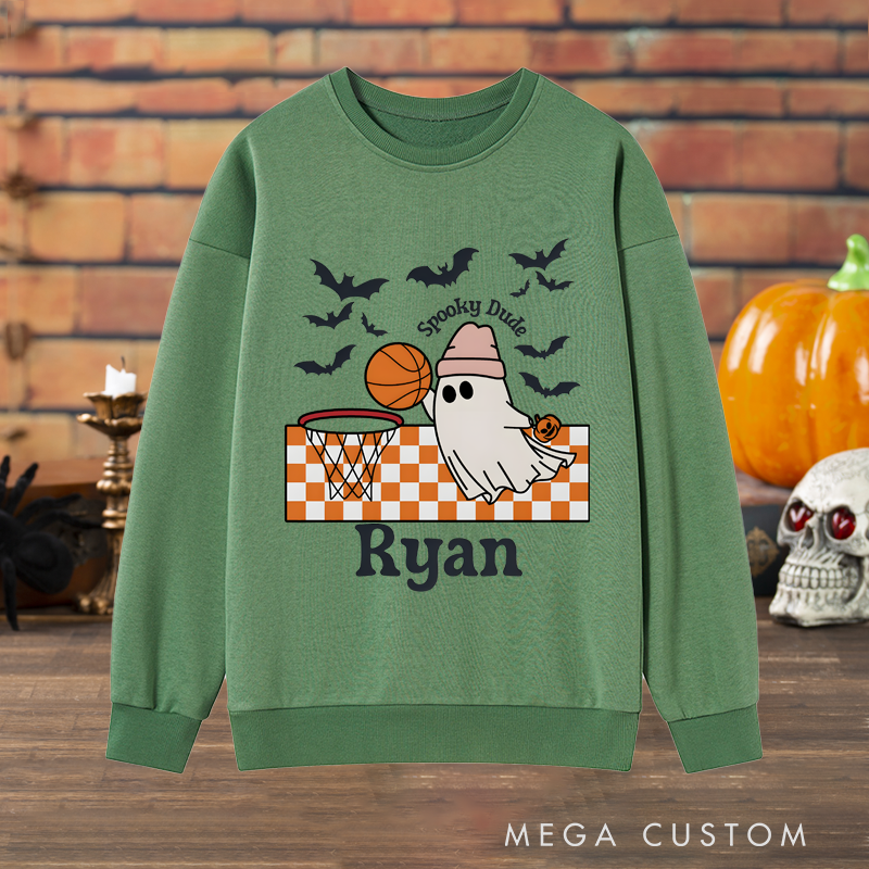 Personalized Halloween Sweatshirt with Ghost Basketball Design, Custom Name, and Spooky Details