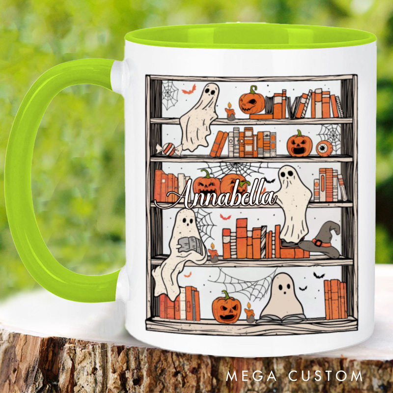 Personalized Reading Ghost Halloween Mugs Custom Bookish Ghost Coffee Mug with Name Librarian Mug Book Lover Gift for Halloween Gift
