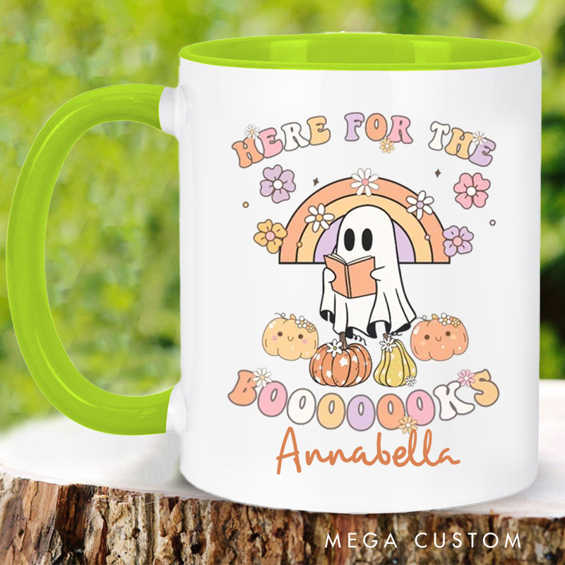 Personalized Here for the Booooooks Mugs Custom Ghost Reading Books Coffee Mug with Name Pumpkin Mug Book Lover Gift for Halloween Gift