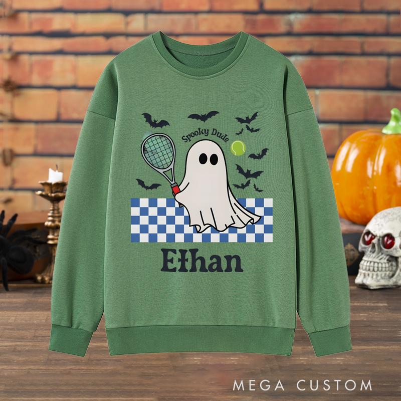 Personalized Halloween Sweatshirt with Ghost Tennis Design and Custom Name