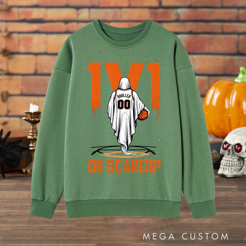 Personalized "1v1 or Scared?" Halloween Basketball Sweatshirt with Custom Name and Number