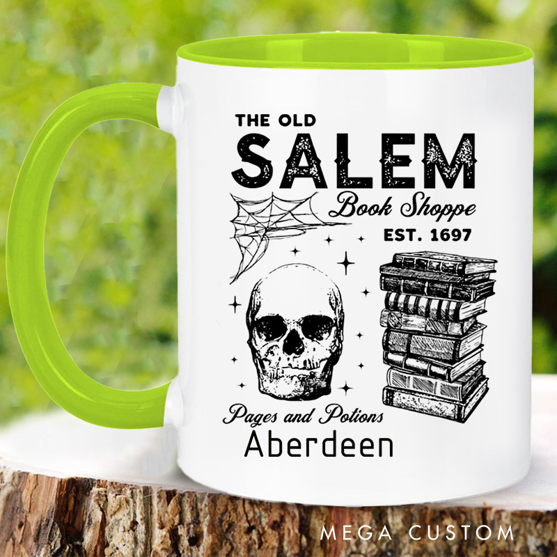 Personalized Salem Book Store Mugs Custom Skeleton and Book Coffee Mug with Name Halloween Spooky Mug Book Lover Gift for Halloween Gift