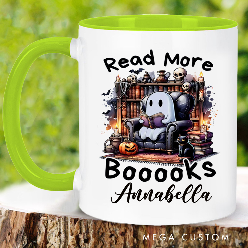 Personalized Read More Booooks Mugs Custom Reading Ghost Coffee Mug with Name Spooky Ghost Mug Book Lover Gift for Halloween Gift